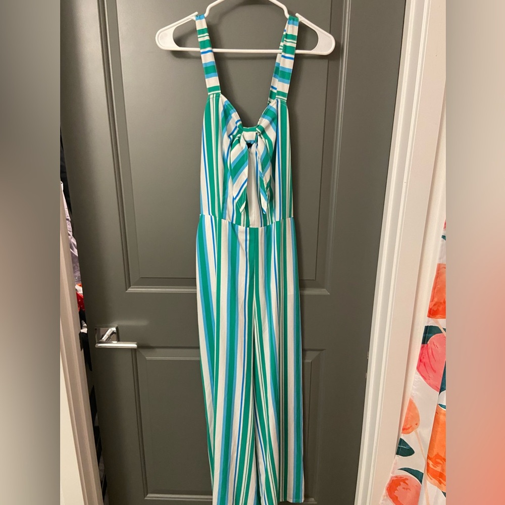 Blue and green vertical stripe jumpsuit